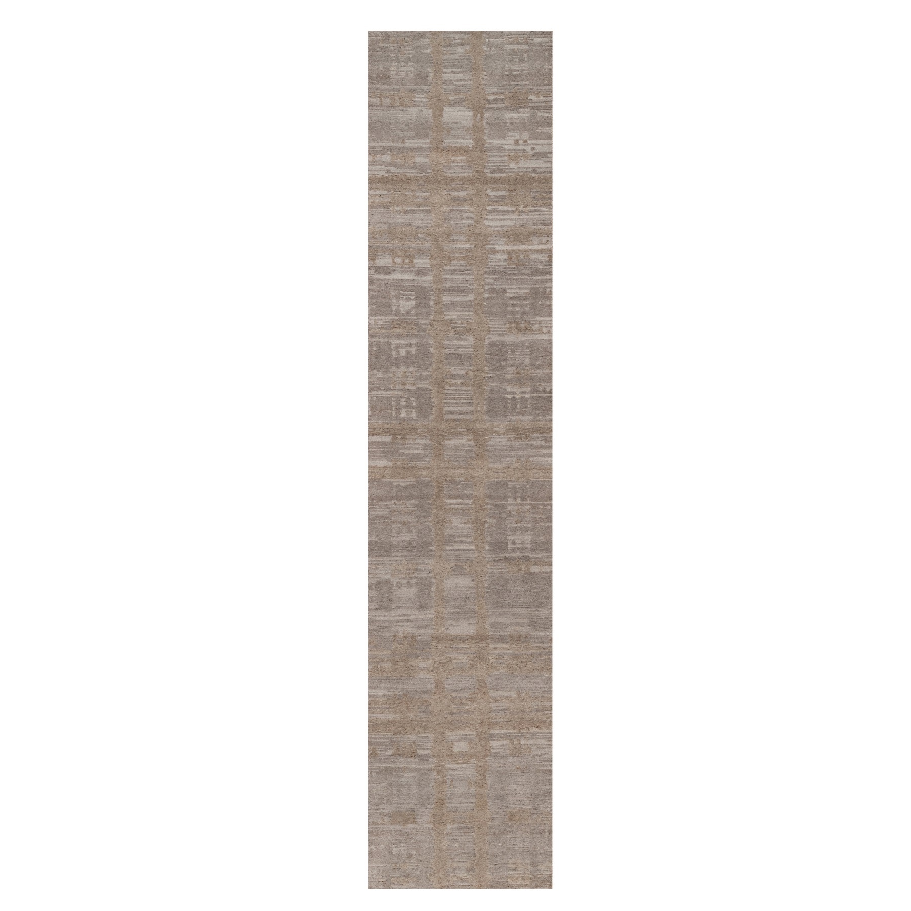Amphora Brown, Modern Criss Cross Erased Design, Hand Knotted, Hand Spun Undyed Natural Wool, Runner, Oriental Rug